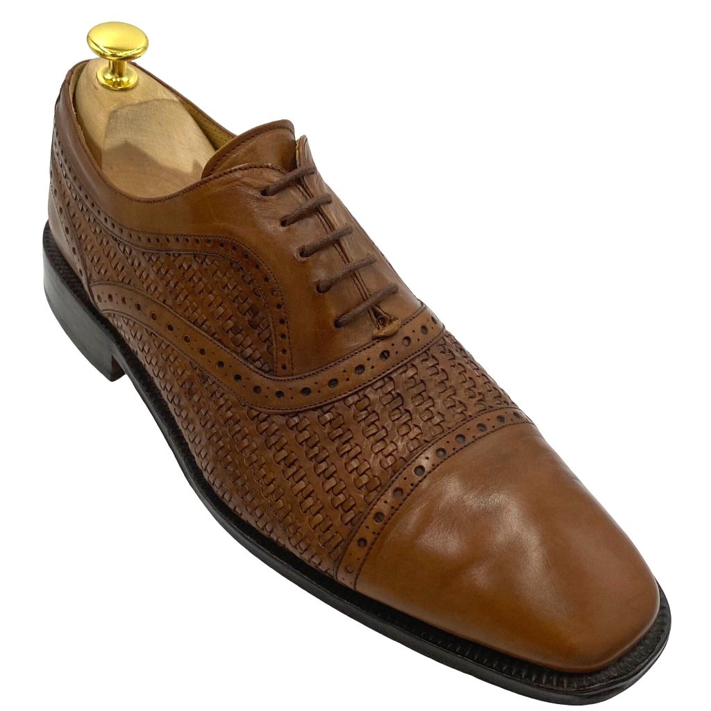Spain Mezlan Men's Size 9 Brown Leather Woven Oxford Shoes